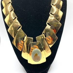 Florelle Signed Vintage Gold Tone Jasper? Stone 80's Necklace